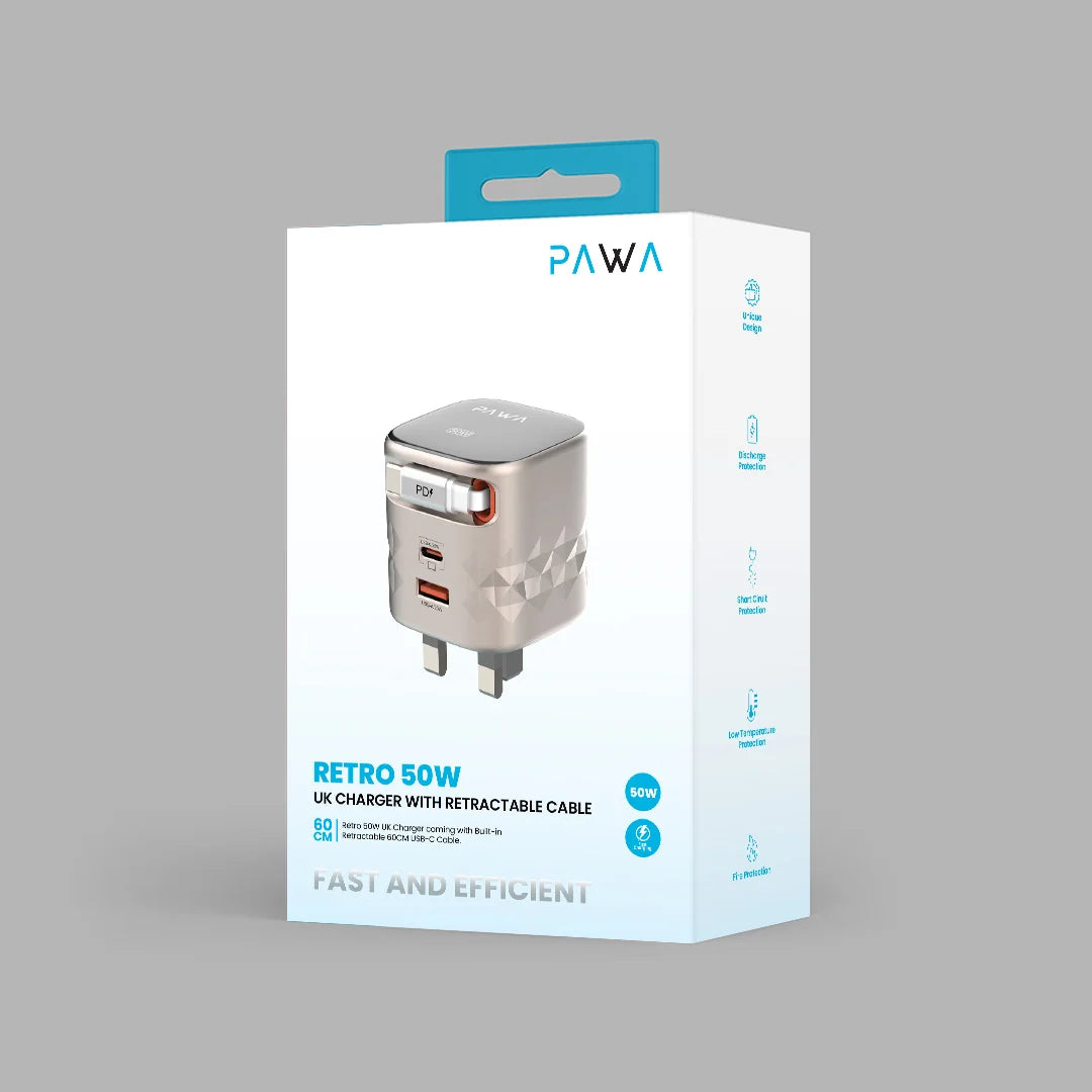 Pawa Retro 50W UK Charger With Retractable Cable - Titanium