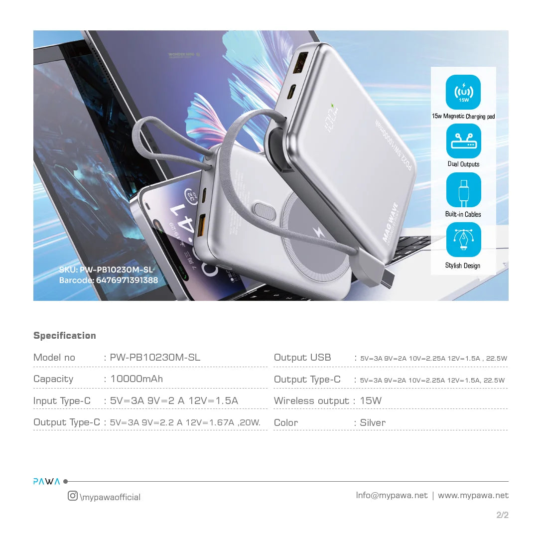 Pawa Magwave Magsafe Powerbank with 10000mah capacity - Silver