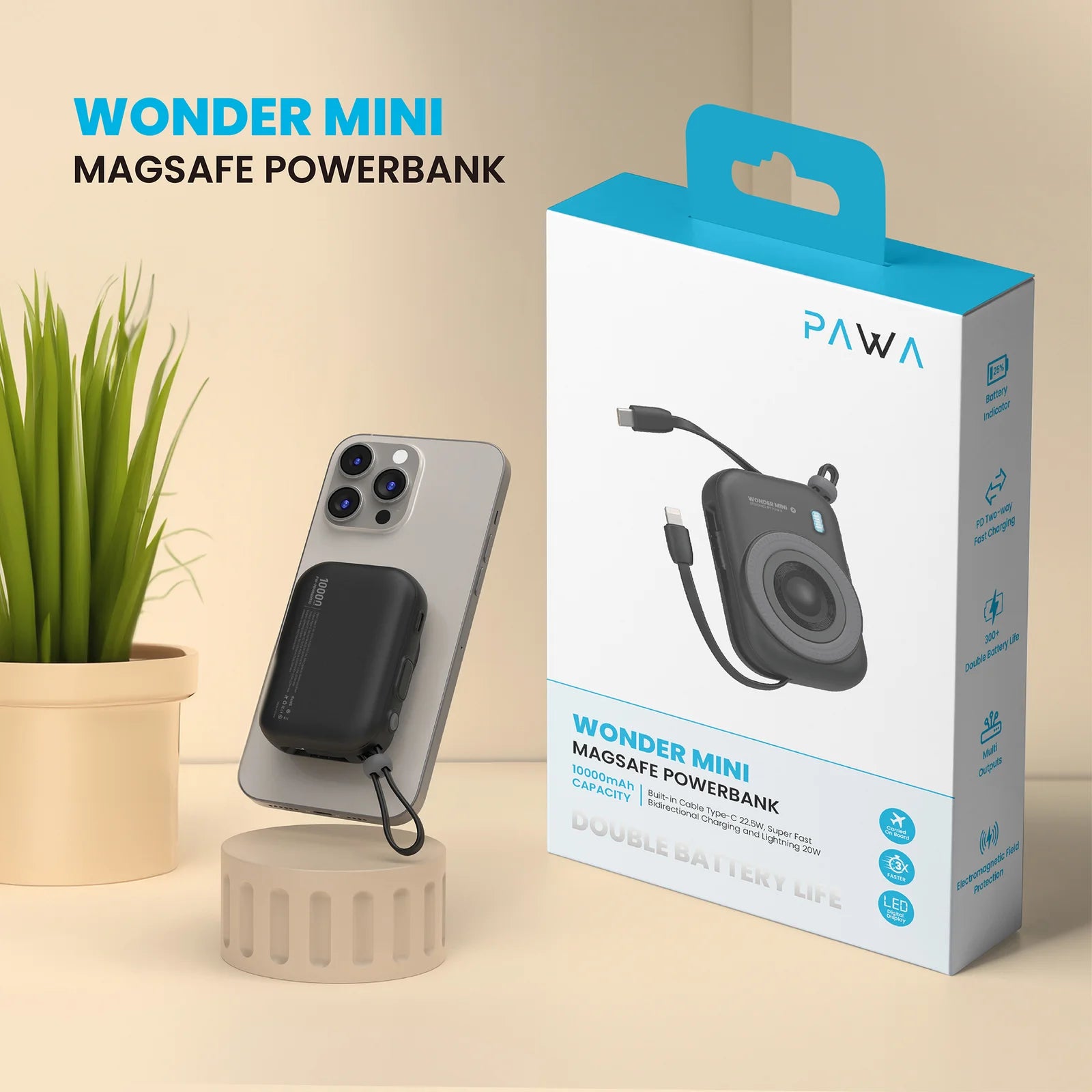 Pawa WonderMini Magsafe Powerbank 22.5W-Built-in Charging USB- Lightning- Black