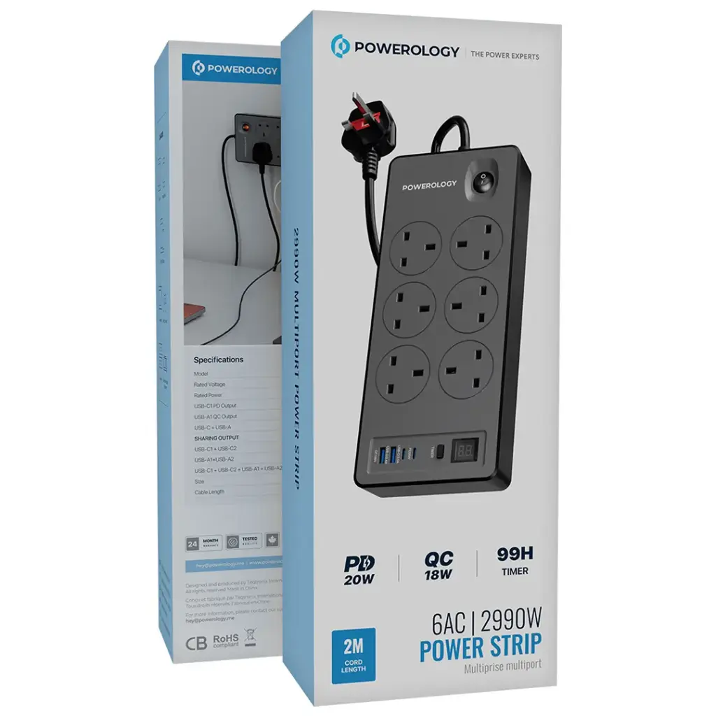 Powerology  6Ac | 2990W Power Strip Pd 20W Black