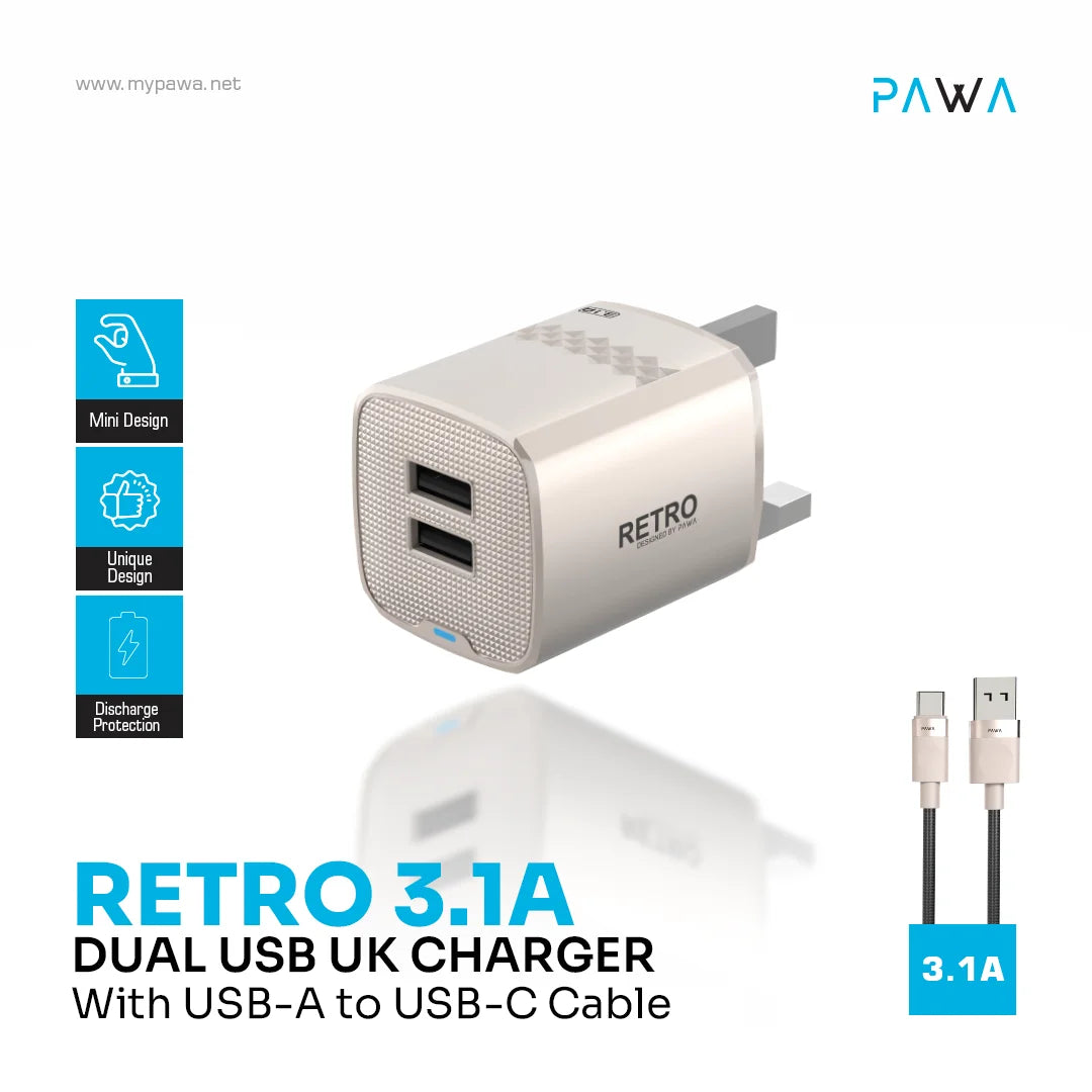 Pawa Retro 3.1A Dual Usb Travel Adapter With Uk Plug With Type-C Cable - Titanium