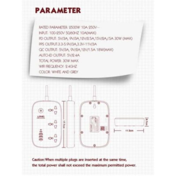 LDNIO WiFi Smart Power Strip 2500W 3 Power Socket 4 USB Ports SCW345