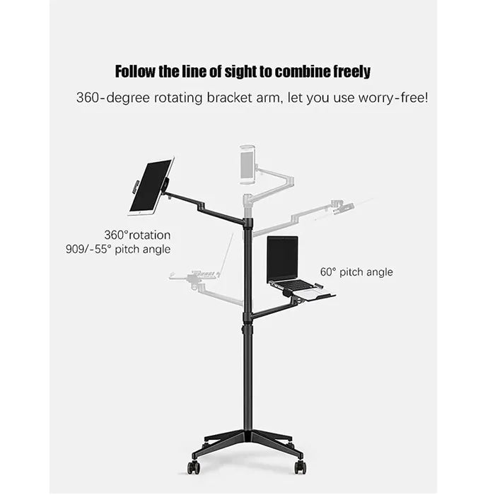 Multifunction Computer Floor Stand for Laptop/Tablet/Phone, Adjustable with Wheels – Black