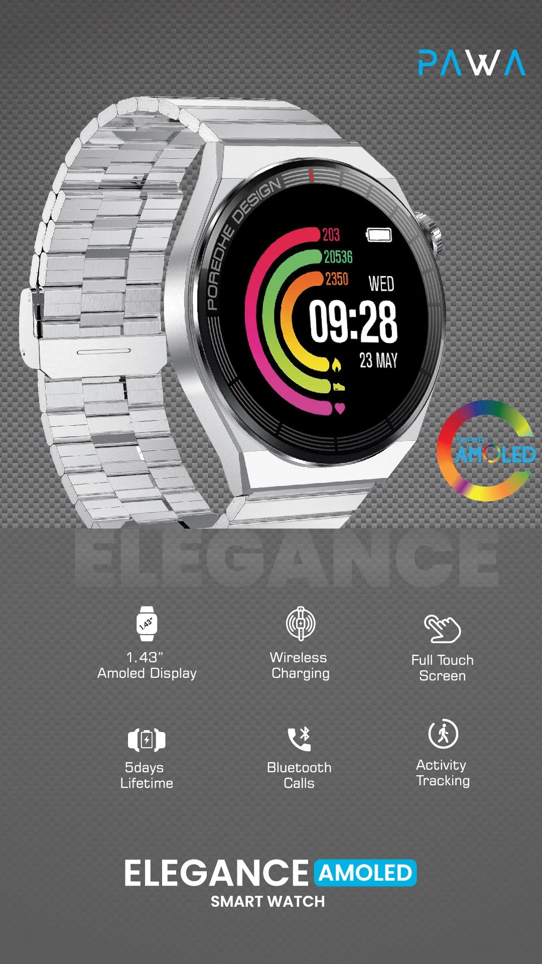 Pawa Elegance Smart Watch With Amoled Display - Silver