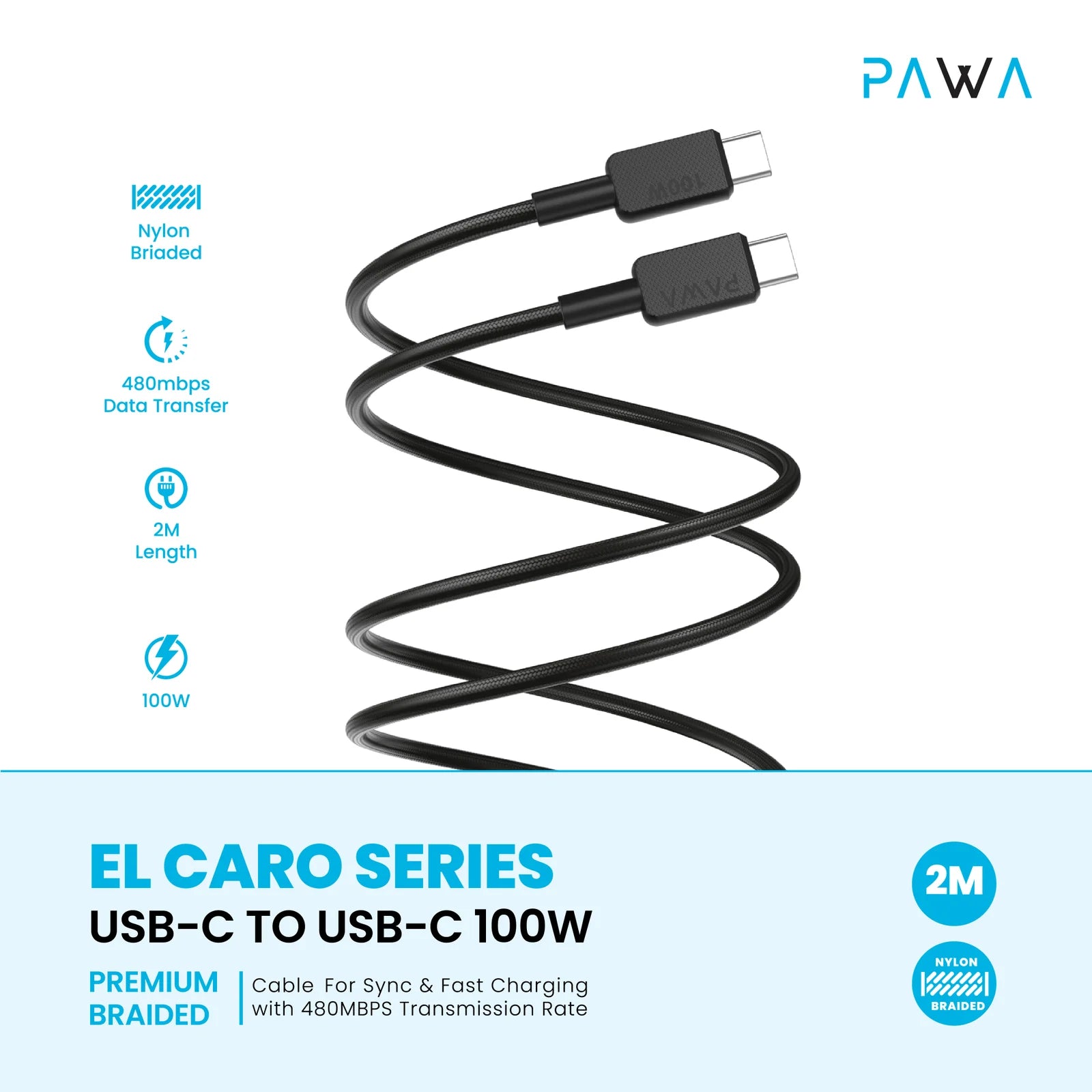 Pawa El-Caro Premium Braided Cable USB-C To USB-C 100W 2M - Black