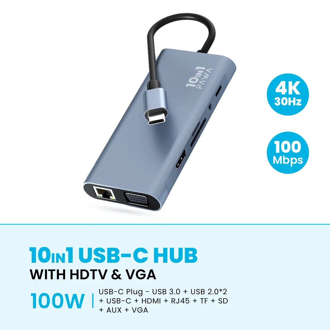 Pawa 10In1 USB-C Hub With 4K HDTV & VGA