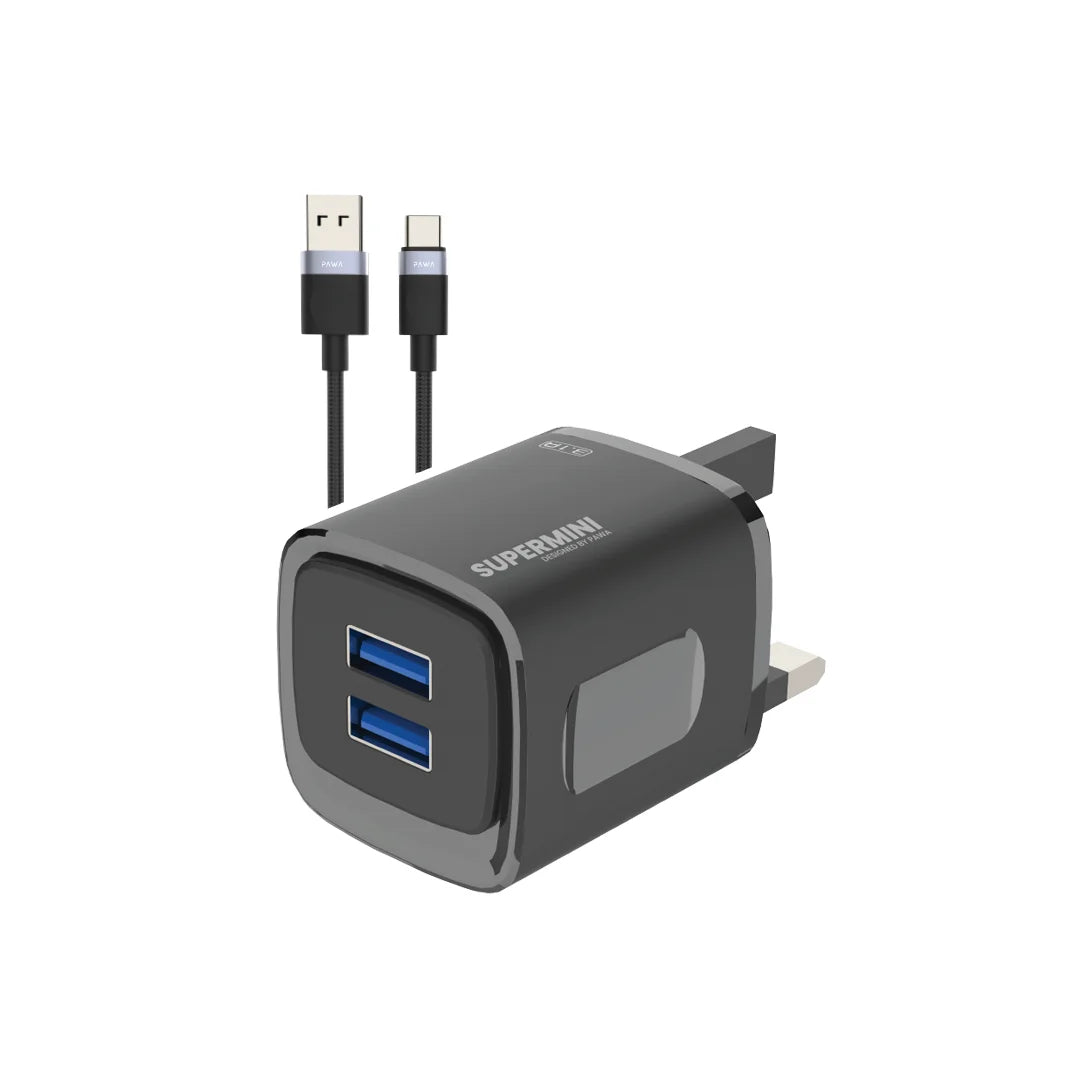 Pawa Supermini Travel Charger Dual Usb 3.1A UK Standard With Braided Type-C Cable - Black