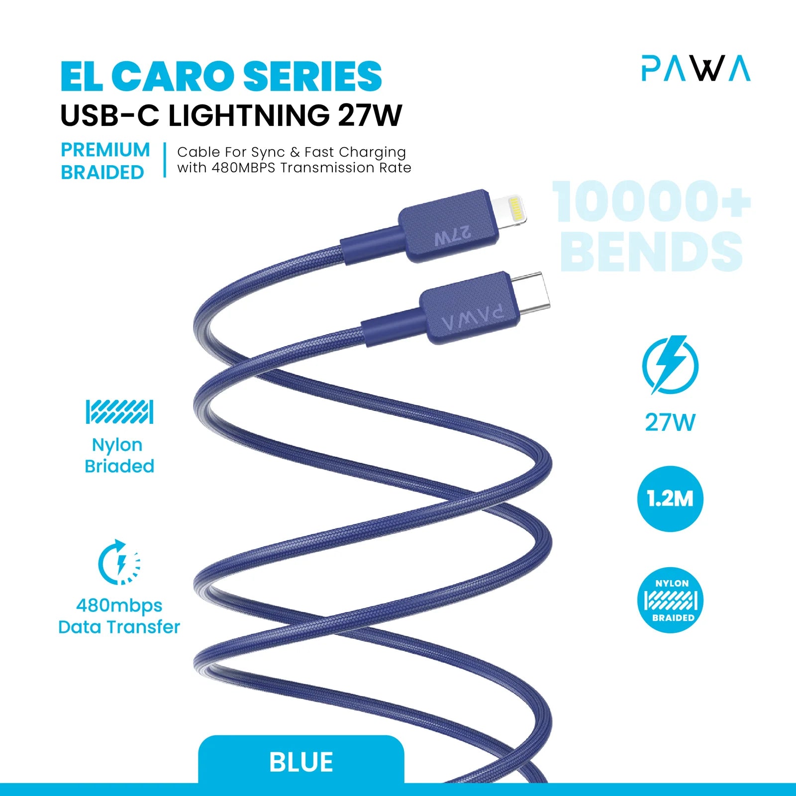 Pawa El-Caro Premium Braided Cable USB-C To Lightning 27W 1.2M - Purple
