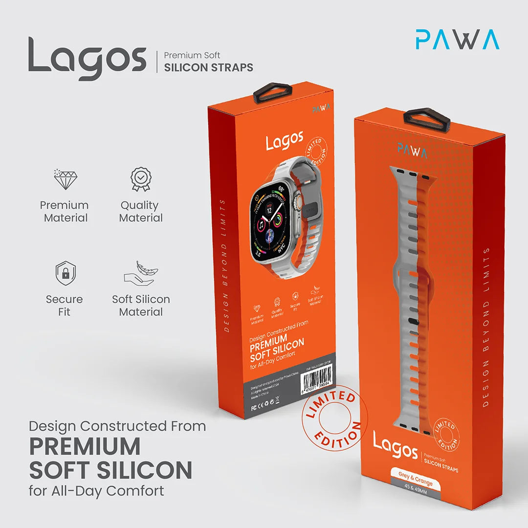 Pawa Lagos Limited Edition Premium Soft Silicon Strap 45/49MM - Grey/Orange