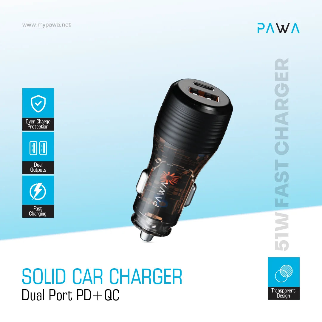 Pawa Solid Car Charger Dual Port PD+QC 51W
