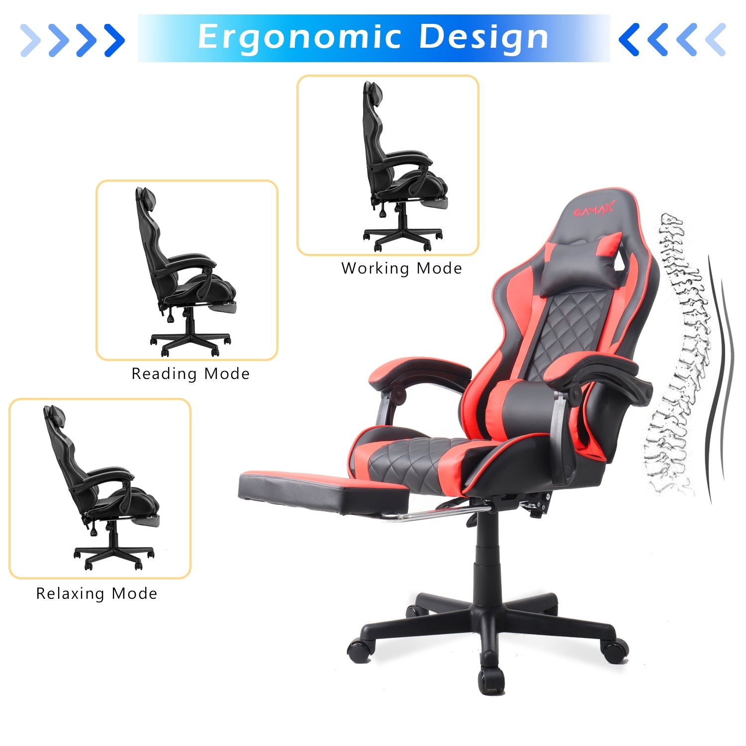 Gamax Gaming Chair Model 1-LT001L مع مسند الذراعين ومسند القدمين والأحمر القابل للاحتفاظ به