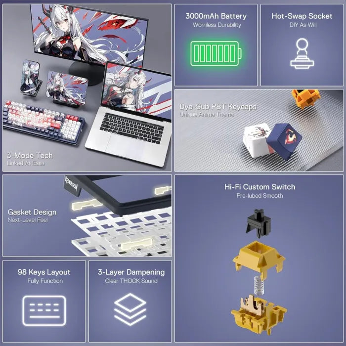 Redragon Eisa Pro 3-Modes 98 Keys Gasket Hot-Swappable RGB Mechanical Gaming Keyboard With Linear Mechanical Switches - Blue/White