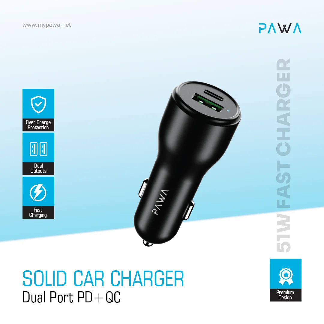 Pawa Solid Car Charger Dual Port PD+QC 51W