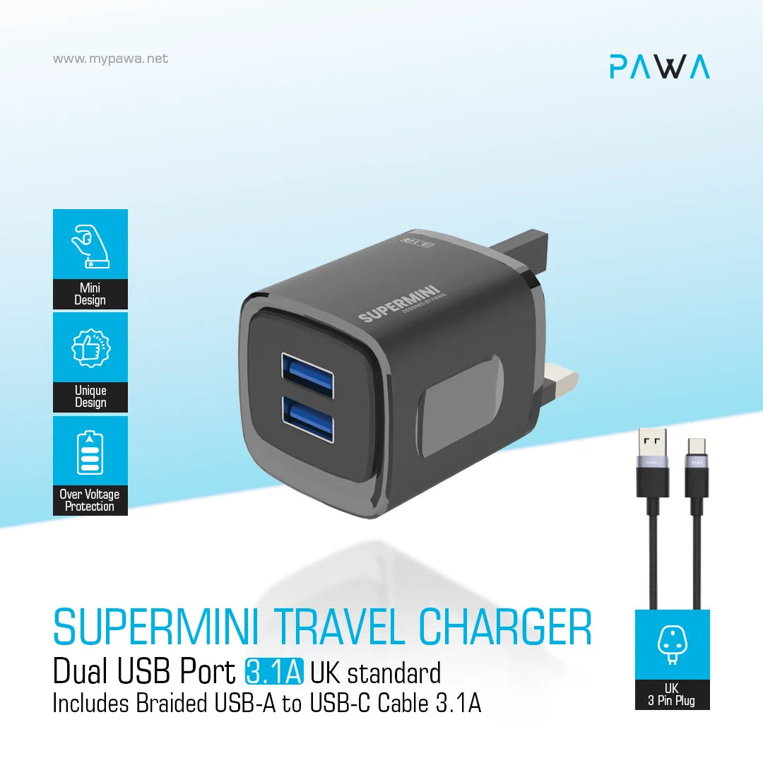 Pawa Supermini Travel Charger Dual Usb 3.1A UK Standard With Braided Type-C Cable - Black