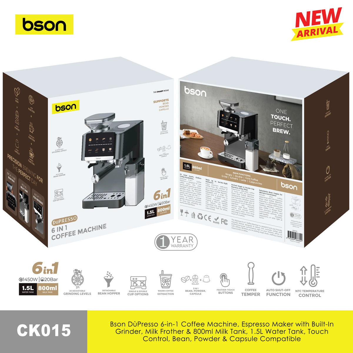BSON Dùpresso 6-in-1 Coffee Machine – Espresso Maker with Built-In Grinder, Milk Frother & Touch Control