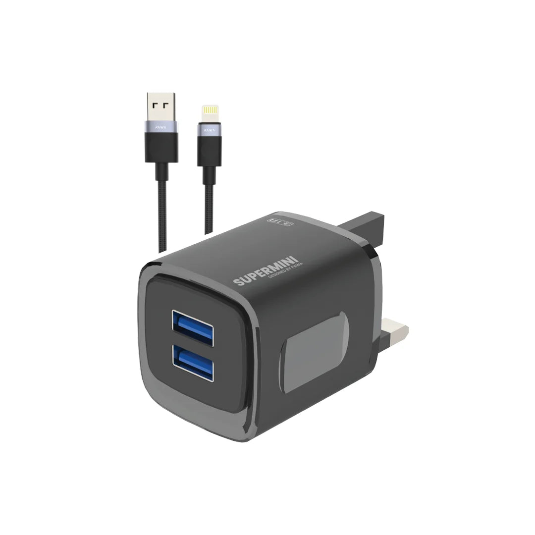 Pawa Supermini Travel Charger Dual Usb 3.1A UK Standard With Braided Lightning Cable