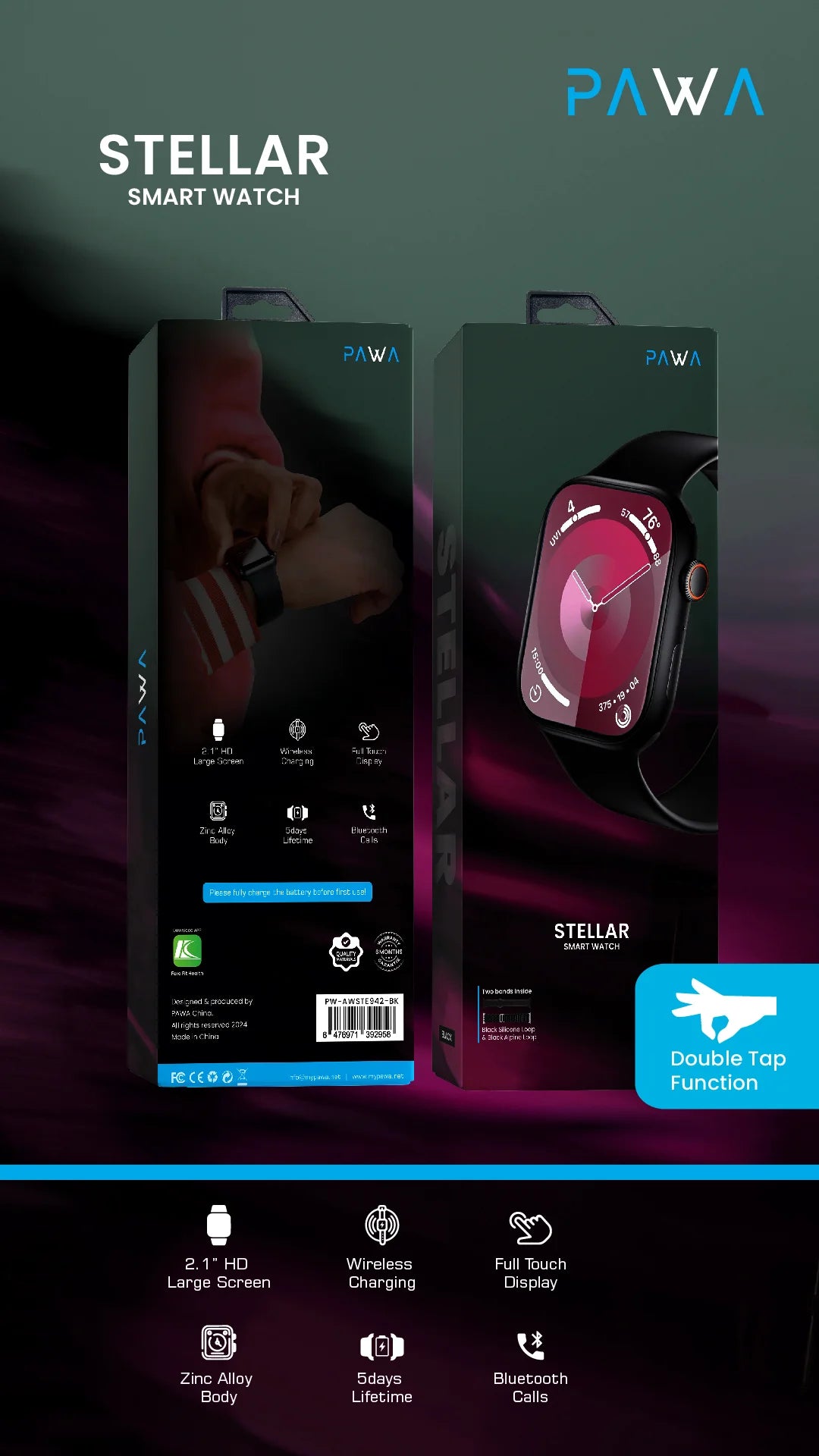 Pawa Stellar Smart Watch With Double-Tap Function - Black