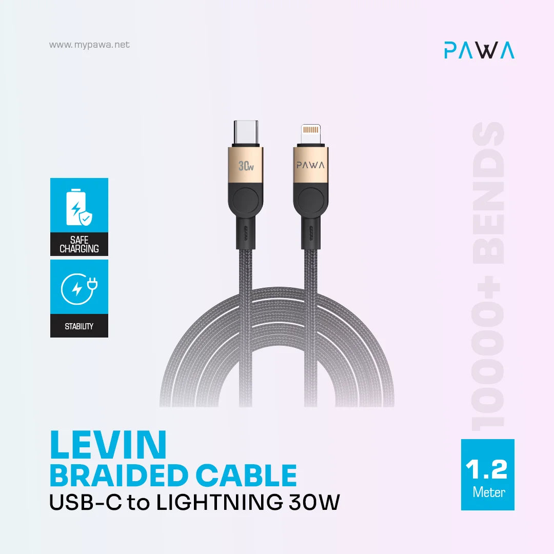 Pawa Levin  USB-C To Lightning Braided Cable 1.2M 30W - Desert Black