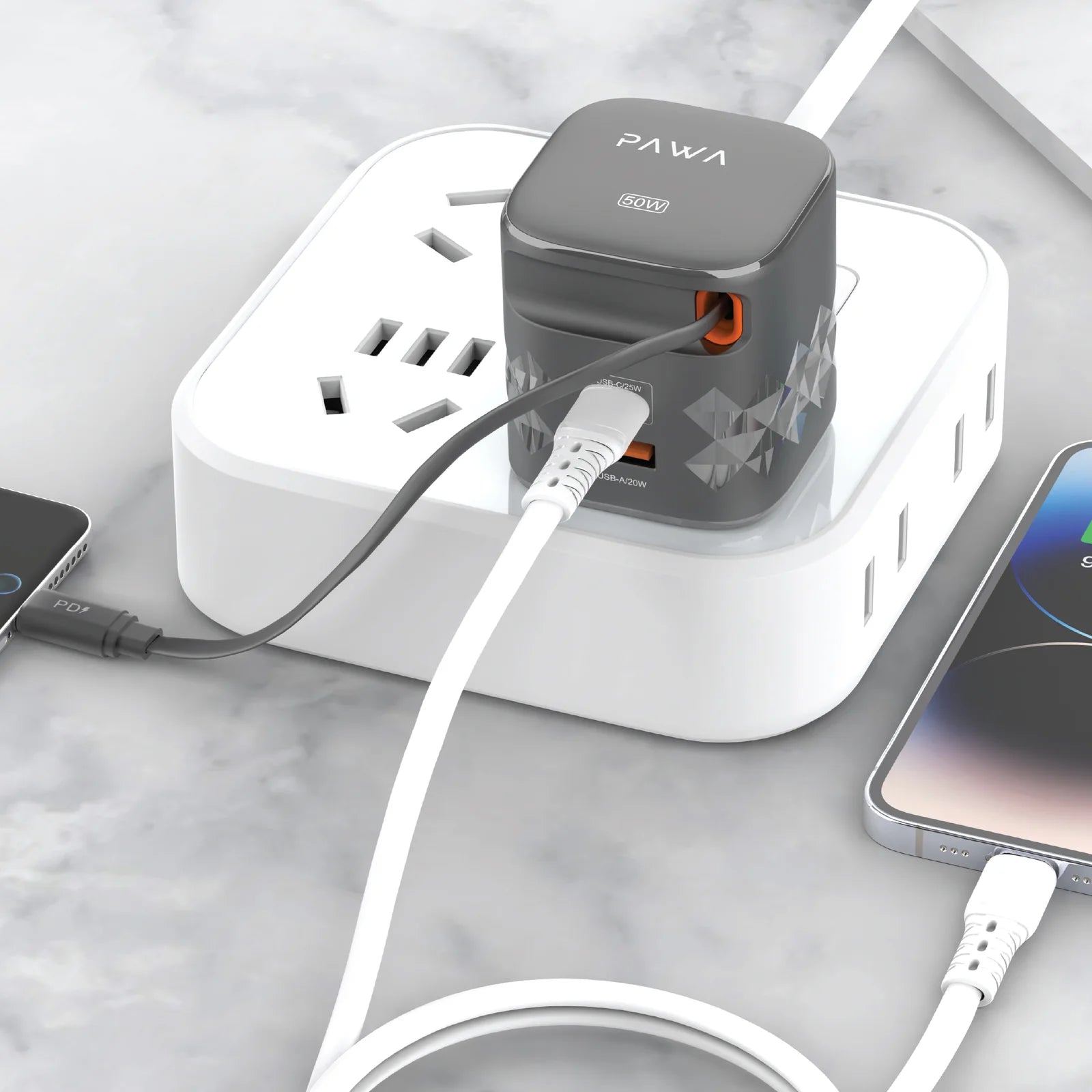 Pawa Retro 50W UK Charger With Retractable Cable - Black