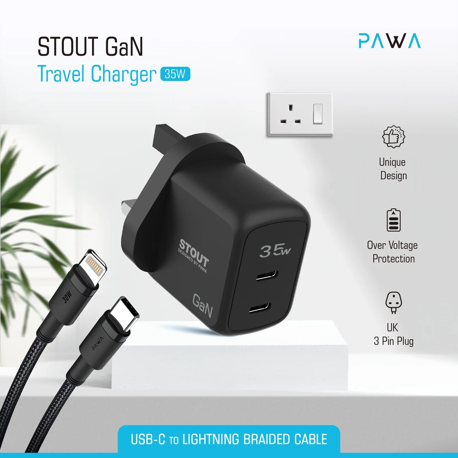 Pawa Stout Gan Travel Charger With Dual PD port 35W / Braided Ty-C to Lightning Cable