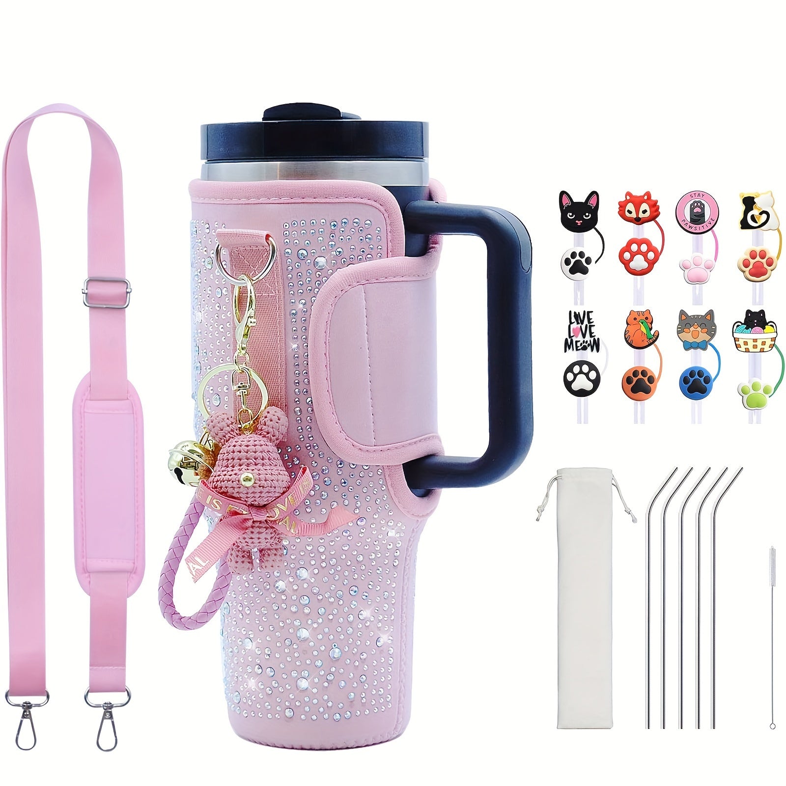 COMPATIBLE BAG/STRAP/STRAW/BRUSH/CAP & CHARM GIFT FOR STANLEY FOR 40OZ (PINK)