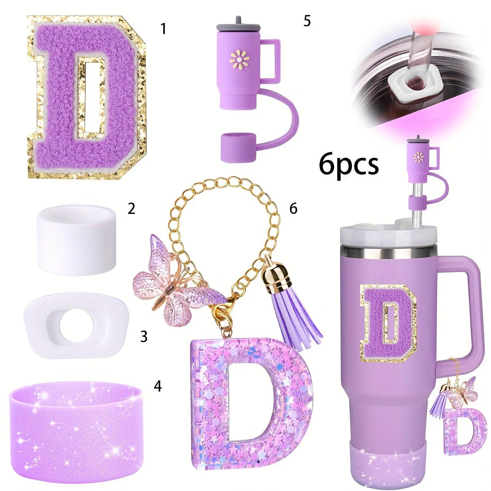 Decorative Initial letter with Leak proof Silicone Stoppers Set For Stanley Tumblers - Purple - D