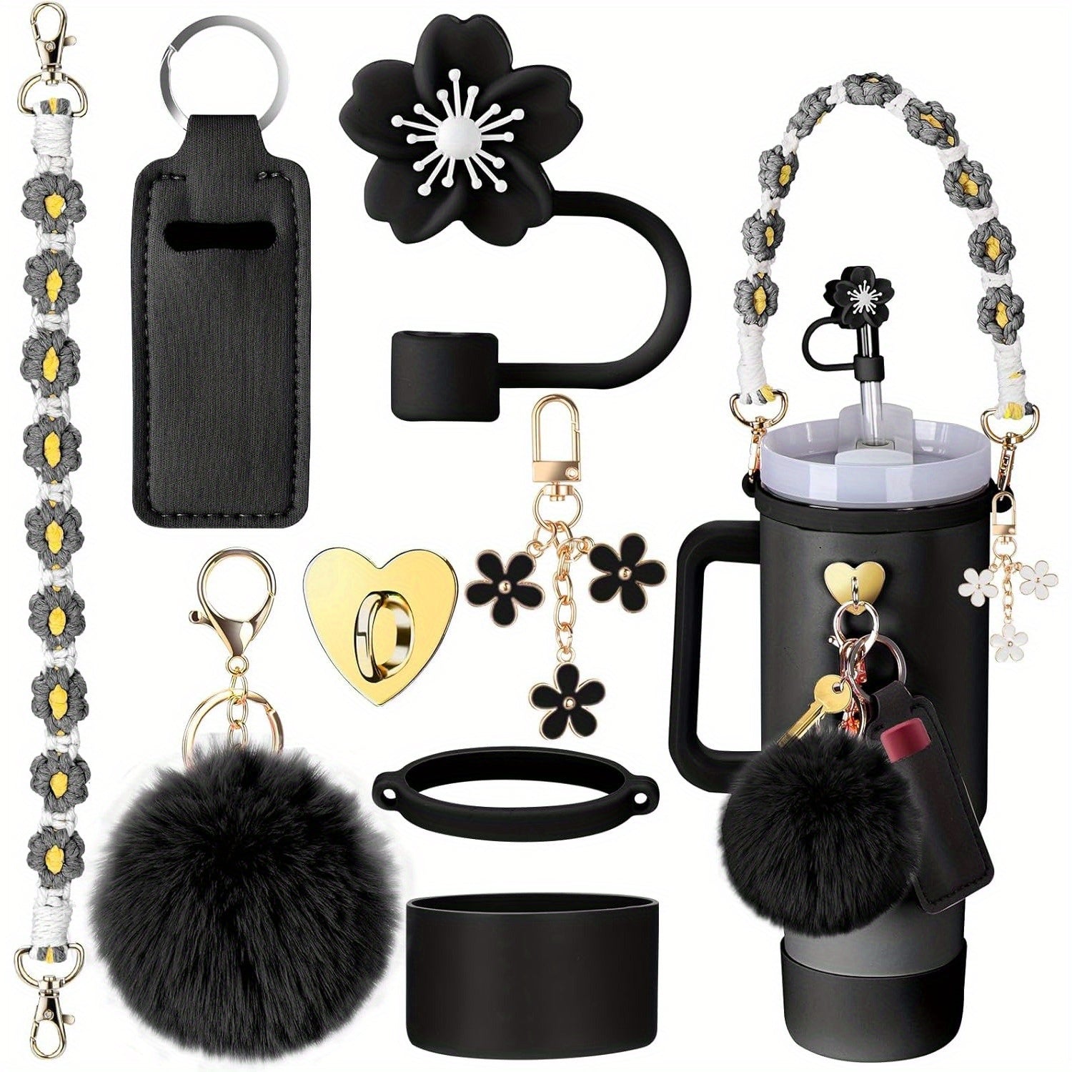 Accessory Set for Stanley 30oz/40oz Tumblers - Handle, Boot, Charms, Lid & Strap - Black