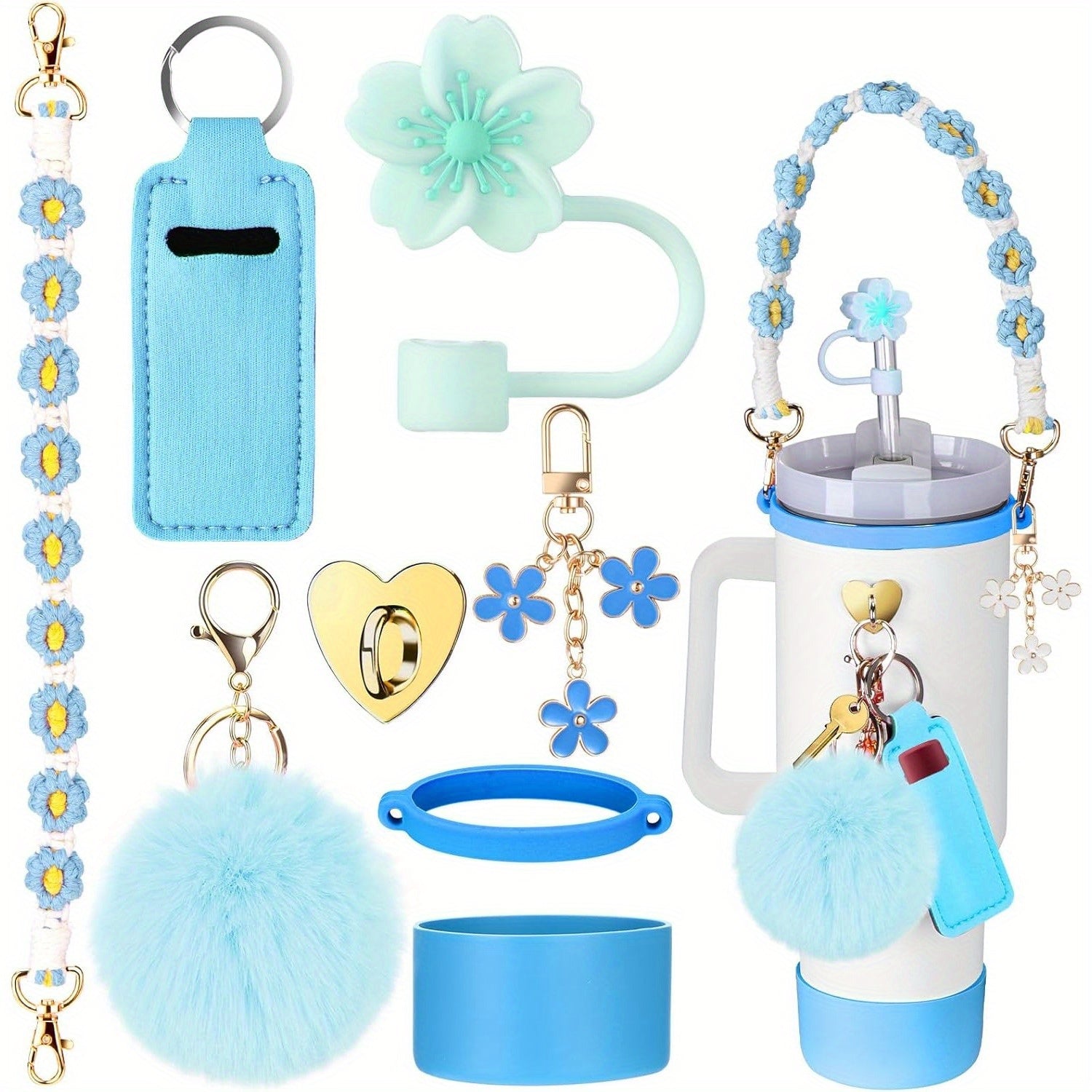 Accessory Set for Stanley 30oz/40oz Tumblers - Handle, Boot, Charms, Lid & Strap - Blue