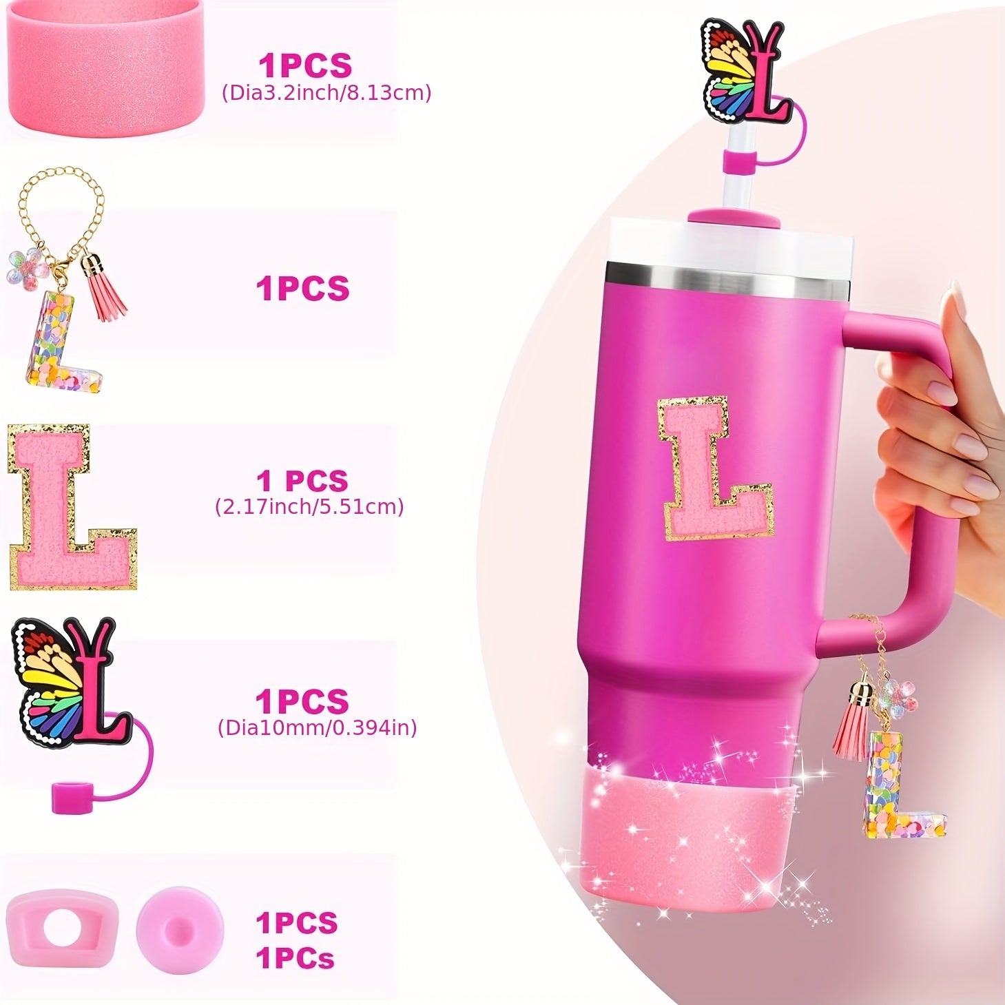 Decorative Initial letter with Leak proof Silicone Stoppers Set For Stanley Tumblers - Pink - L