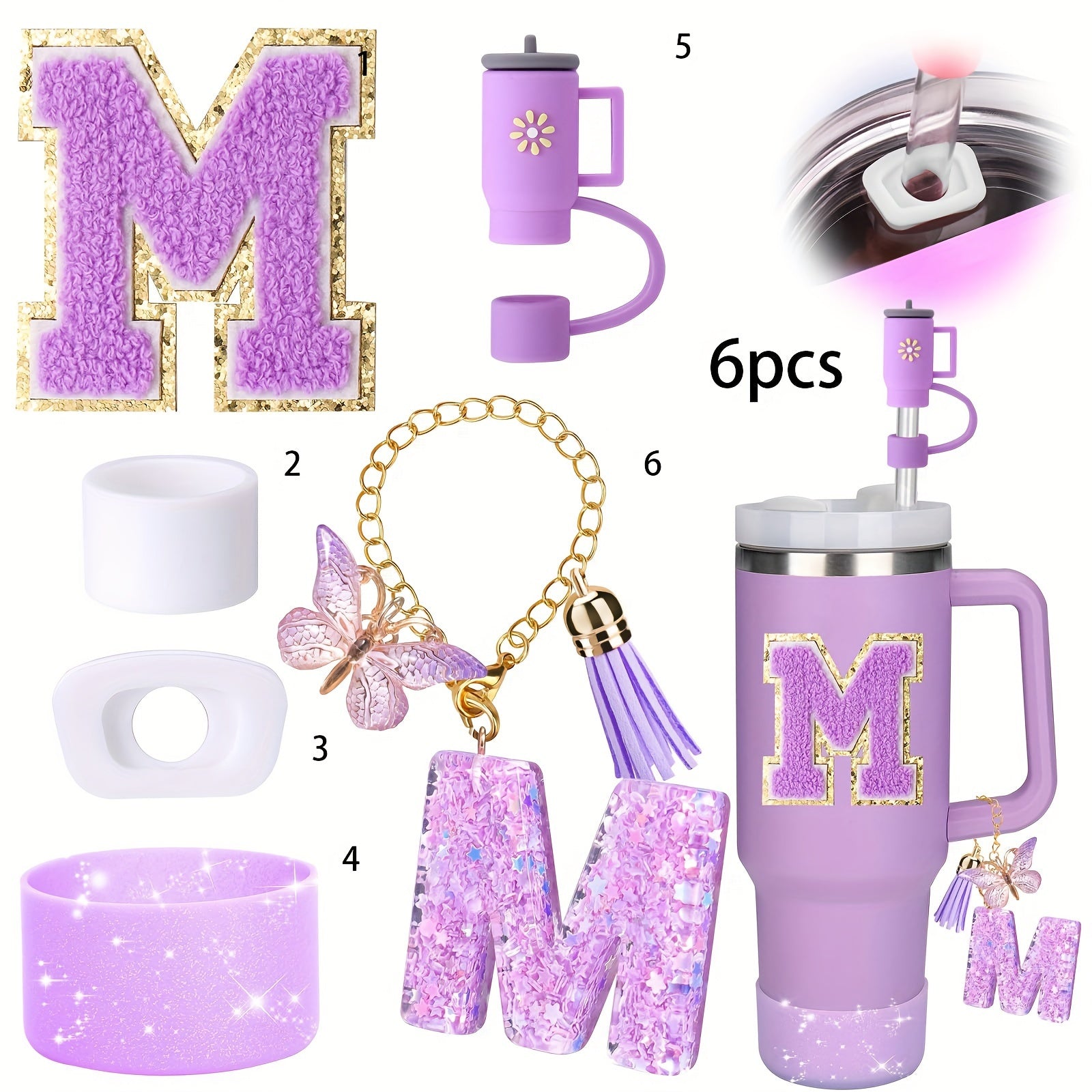 Decorative Initial letter with Leak proof Silicone Stoppers Set For Stanley Tumblers - Purple - M