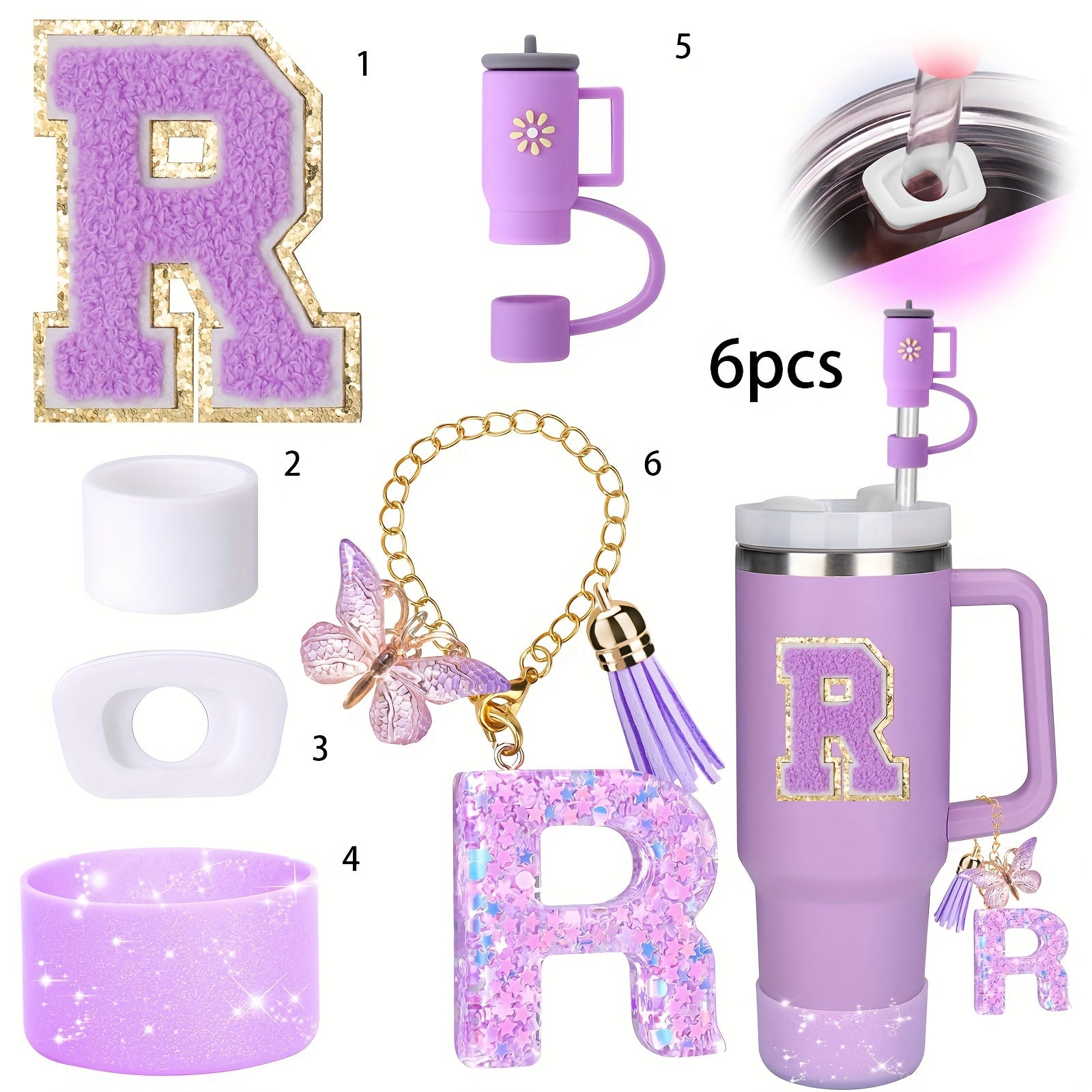 Decorative Initial letter with Leak proof Silicone Stoppers Set For Stanley Tumblers - Purple - R