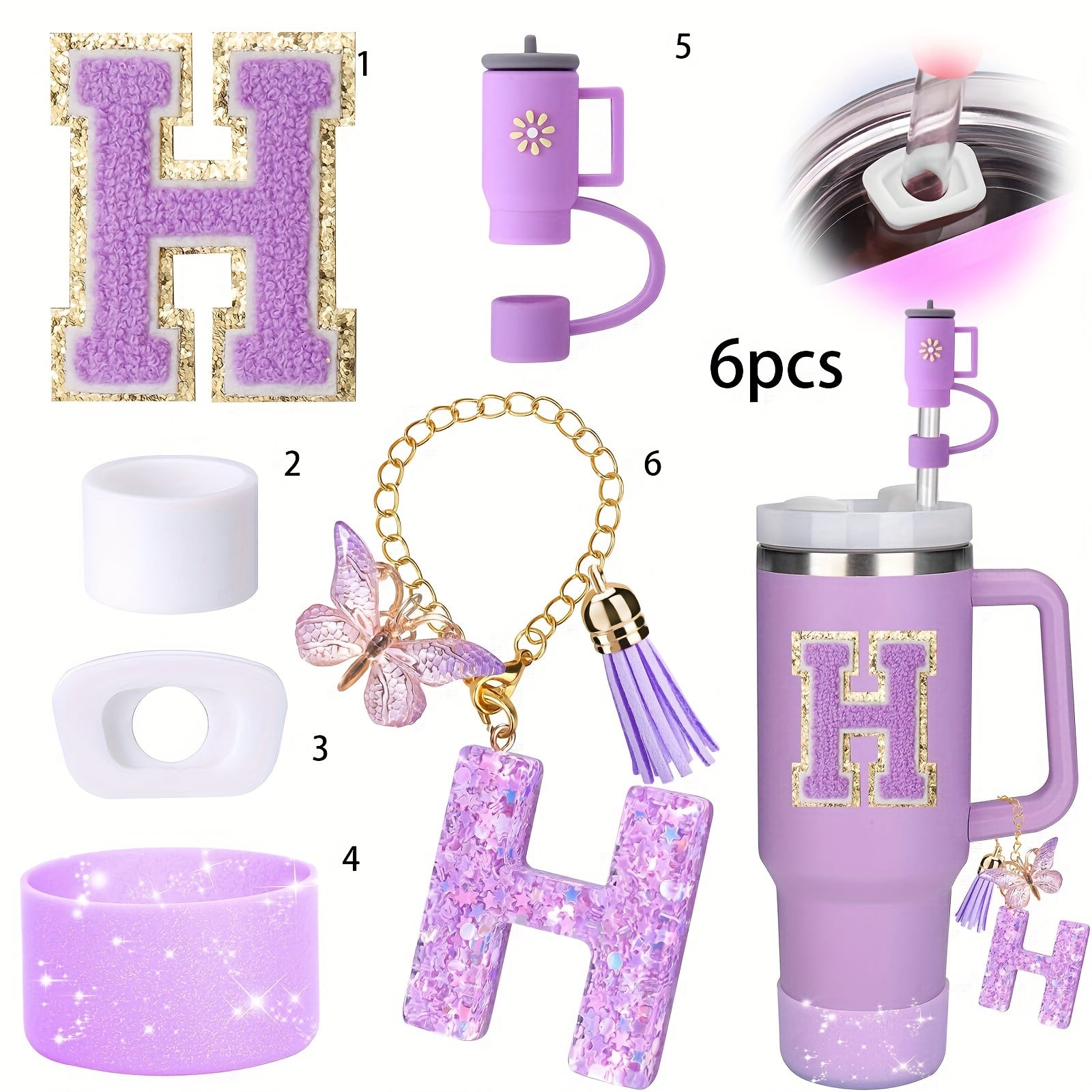 Decorative Initial letter with Leak proof Silicone Stoppers Set For Stanley Tumblers - Purple - H