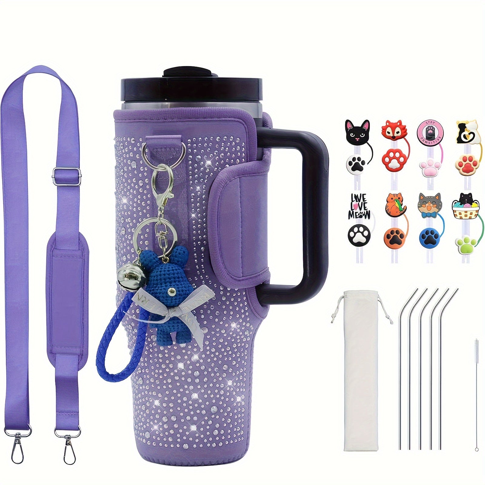 COMPATIBLE BAG/STRAP/STRAW/BRUSH/CAP & CHARM GIFT FOR STANLEY FOR 40OZ (PURPLE)