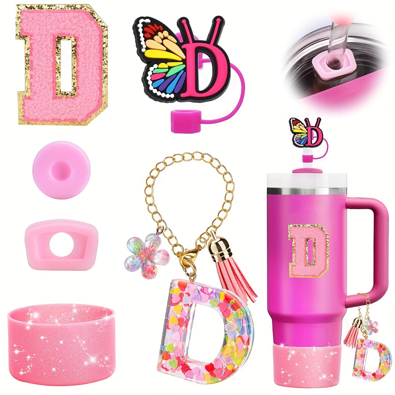 Decorative Initial letter with Leak proof Silicone Stoppers Set For Stanley Tumblers - Pink - D