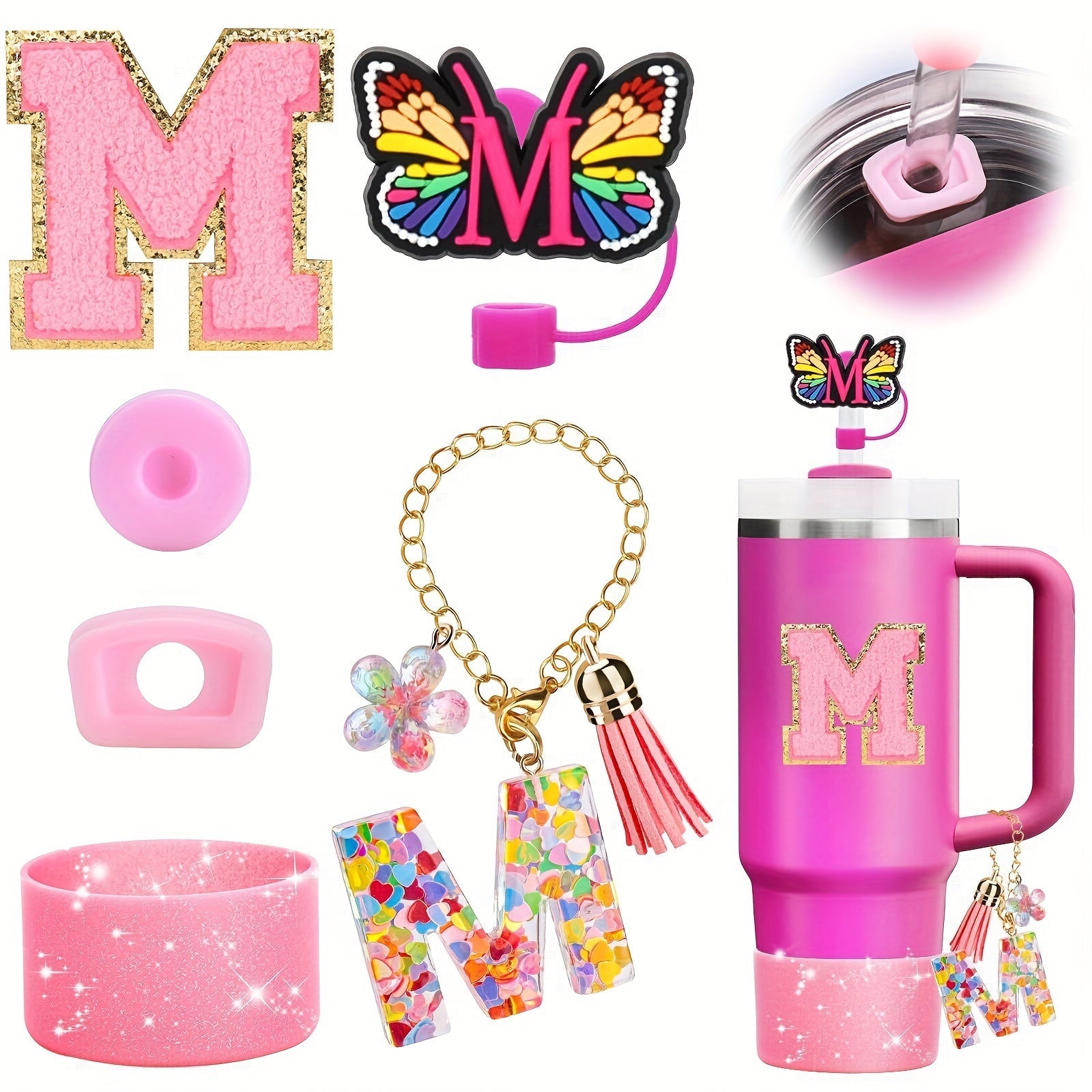 Decorative Initial letter with Leak proof Silicone Stoppers Set For Stanley Tumblers - Pink - M