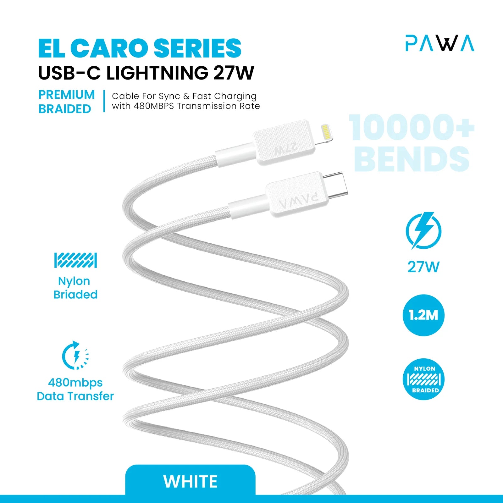 Pawa El-Caro Premium Braided Cable USB-C To Lightning 27W 1.2M - White
