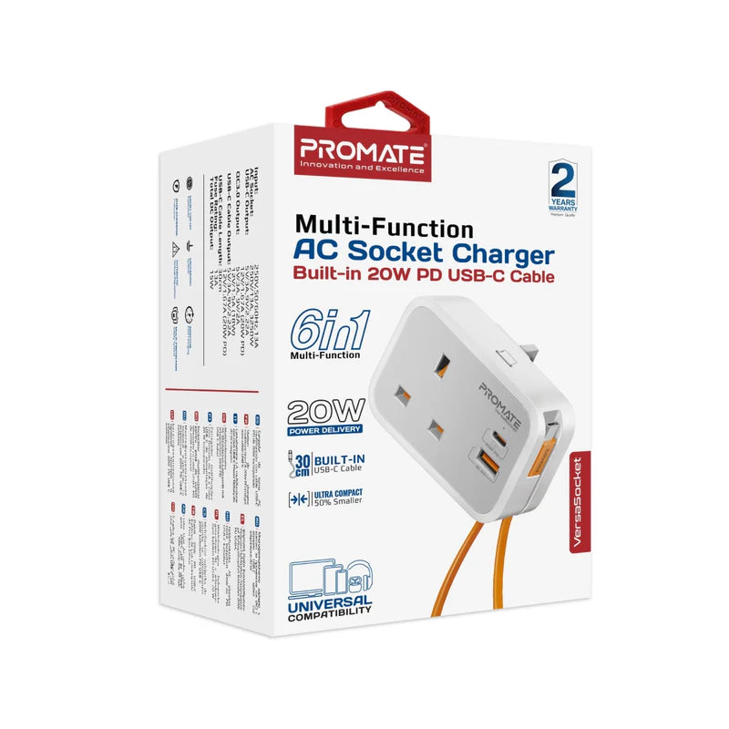 Promate 6-in-1 Multi-Function AC Socket Charger with Built-In 20W PD USB-C Cable