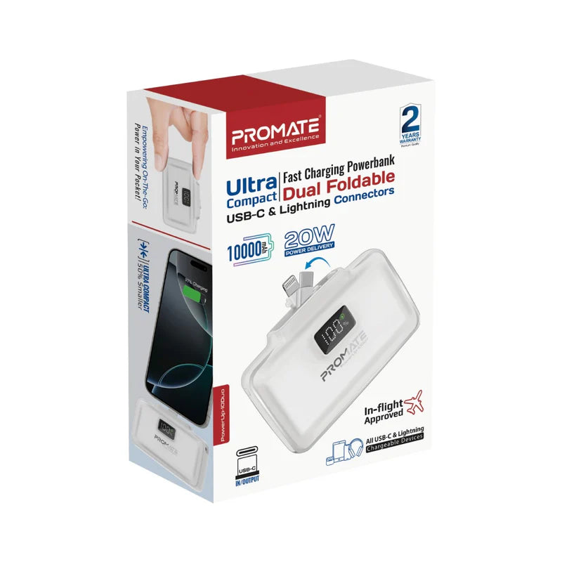 Promate 10000mAh Ultra-Compact fast charging Power Bank-White