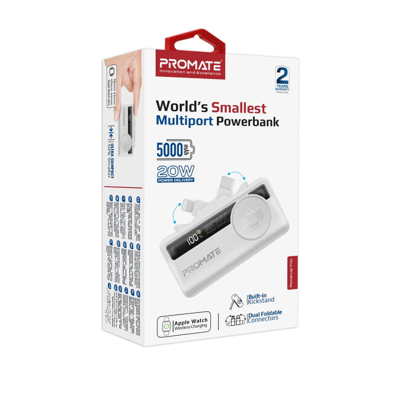 Promate 5000mAh Ultra-Compact fast charging Power Bank -White