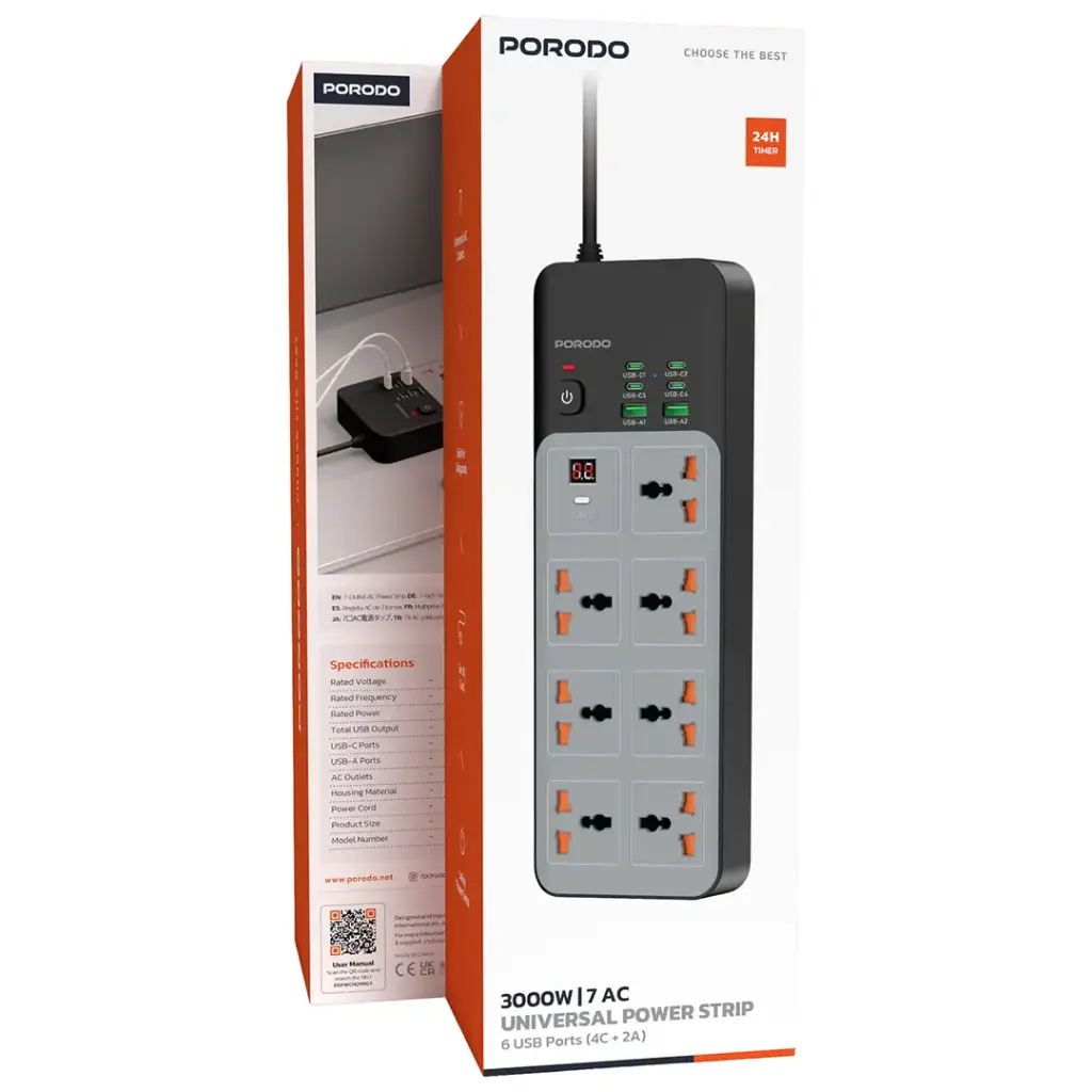 Porodo 3000W | 7AC Universal Power Strip with 6 USB Ports (4C + 2A) -Gray