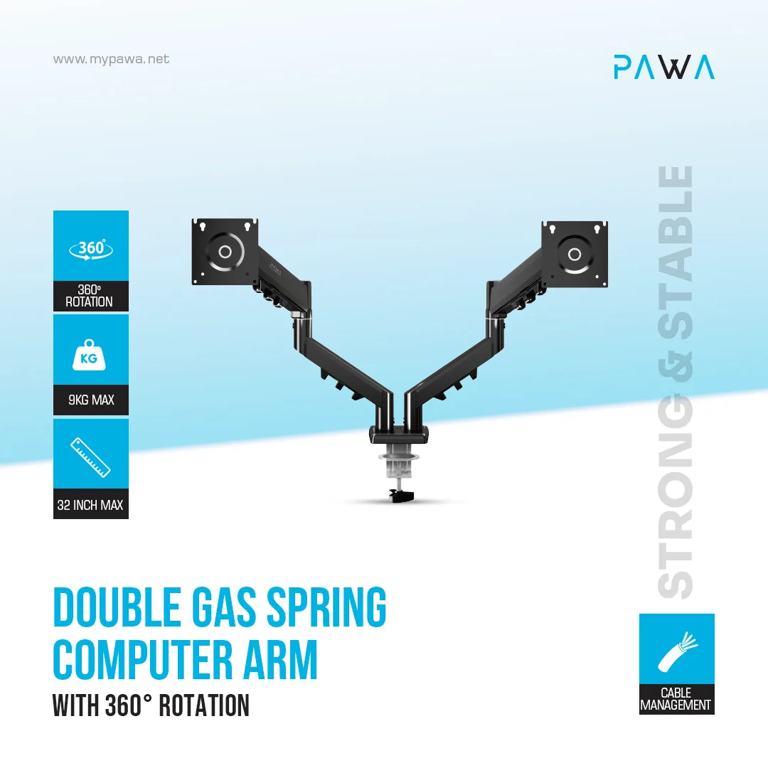 Pawa Double Gas Spring Computer Arm with 360 Rotation