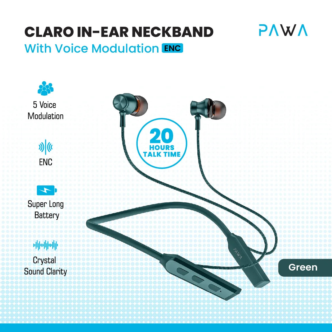 PAWA Claro In-Ear ENC neckband With Voice Modulation - Green