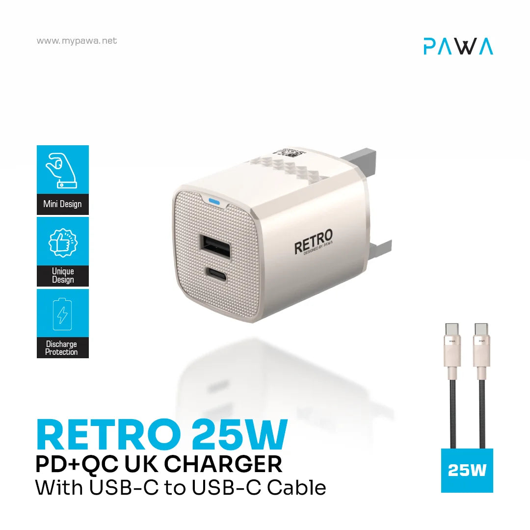 Pawa Retro 25W With PD+QC Port Uk Plug With Type-C To Type-C Cable - Titanium