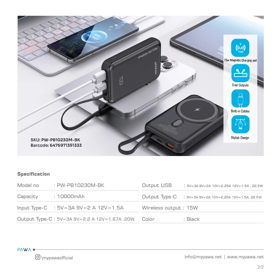 Pawa Magwave Magsafe Powerbank with 10000mah capacity - Black