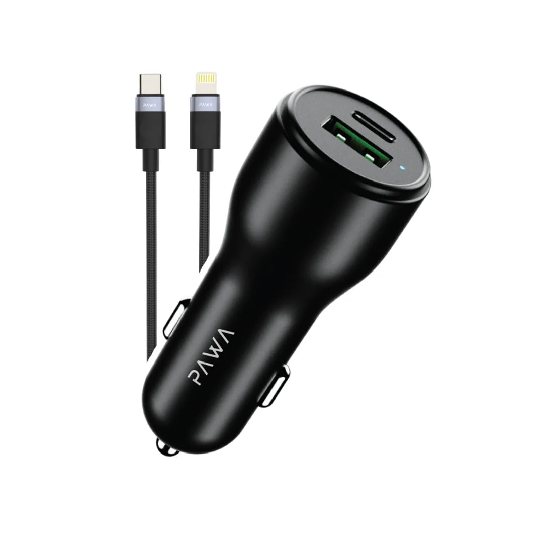 Pawa Solid Car Charger Dual Port PD+QC 51W With Braided Type-C To Lightning Cable