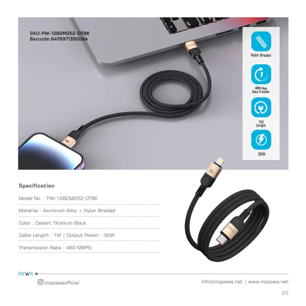 Pawa Levin Magnetic Braided USB-C To Lightning Cable 1M 30W - Desert Black