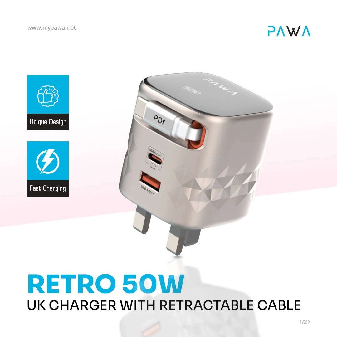 Pawa Retro 50W UK Charger With Retractable Cable - Titanium