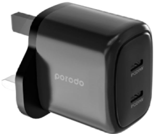 Porodo Dual Port USB-C Wall Charger Charge Two Devices Simultaneously - Black - ELXQ