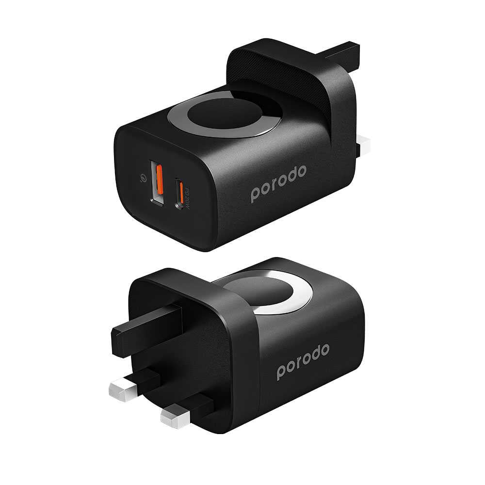 Porodo Dual Port Multi-Device Wall Charger With Integrated Watch Charger - Black - 7E1R