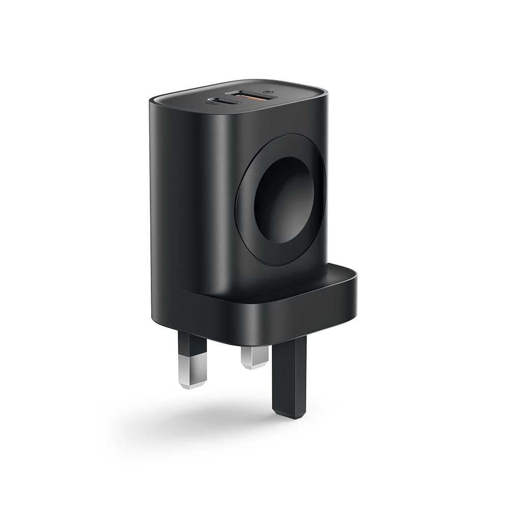 Porodo Dual Port Multi-Device Wall Charger With Integrated Watch Charger - Black - 7E1R